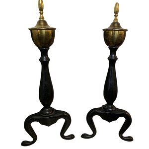 Vintage Federal Style Brass & Black Wrought Iron Andirons Log Holders Pair MCM